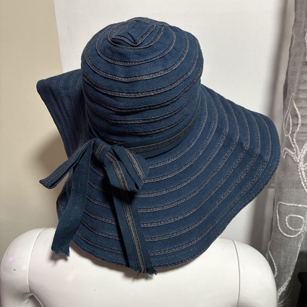 D&Y Sun Hat Wide Brim Floppy Soft Navy Blue Cotton Ribbon Bow Beach Travel - Picture 6 of 13